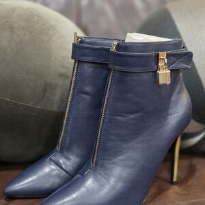 Shoe Dazzle Navy Heeled Boots with Gold Accents